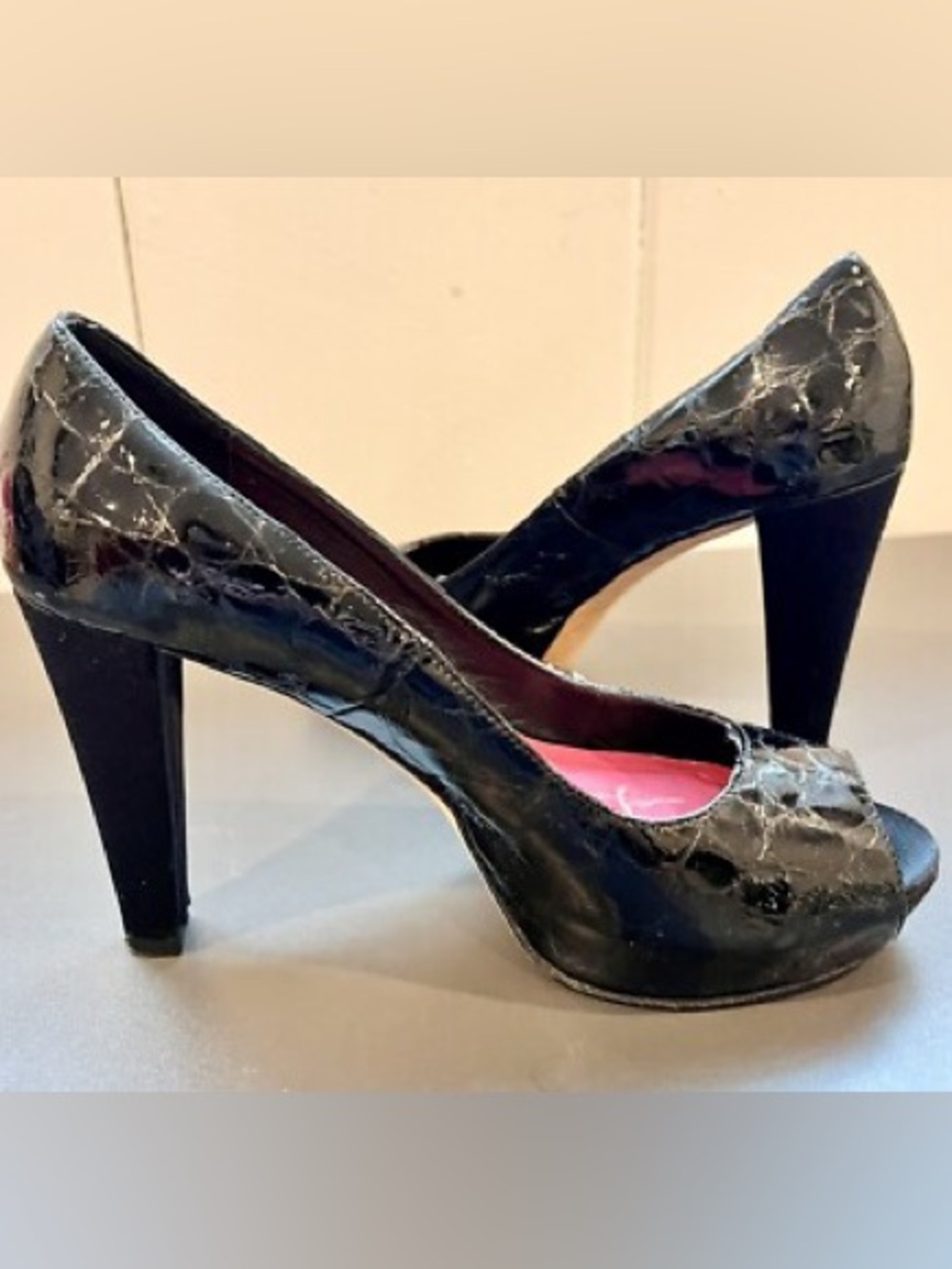 Kate Spade ♠️ Black Croc Patent Peep-Toe Platform Heels, size 6.5